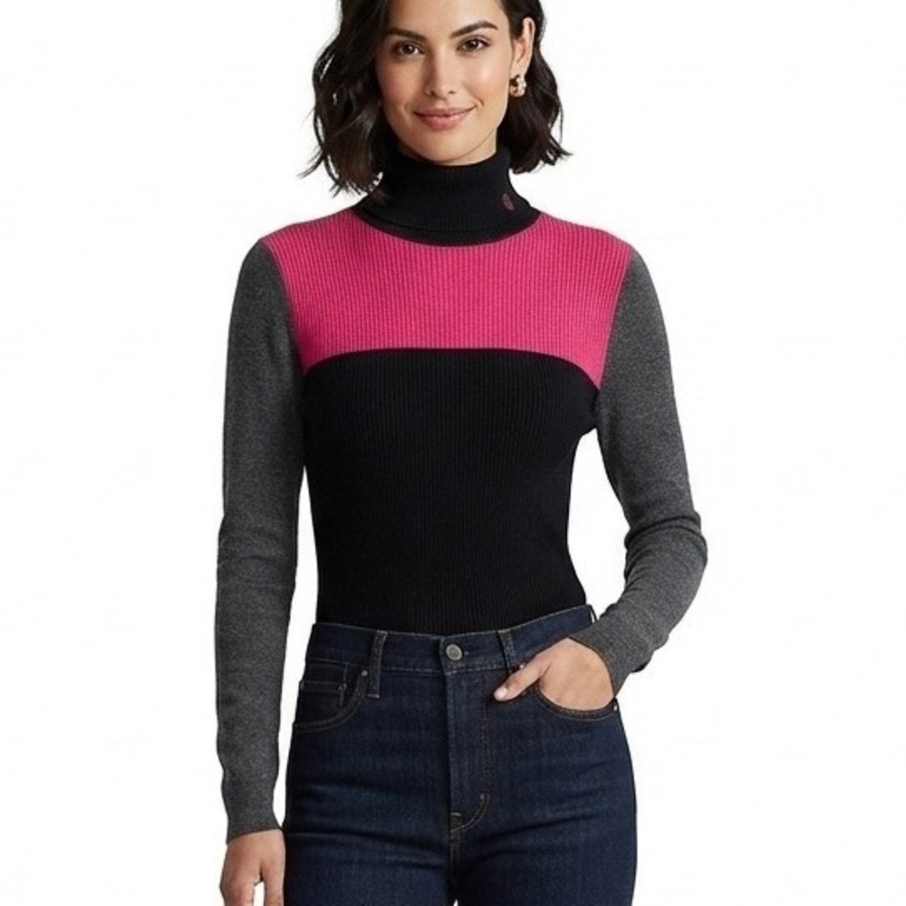 Lauren Ralph Lauren Turtleneck Sweater Pink Black Grey Colorblock - Large